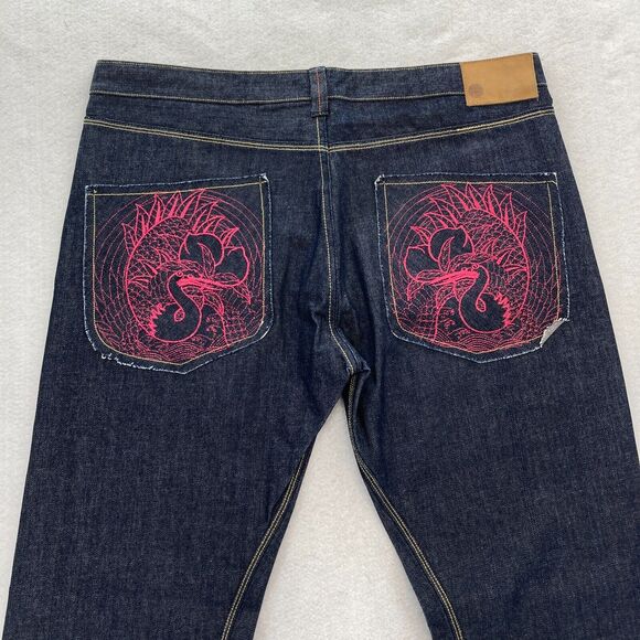 Cstar by Ciano Farmer Jeans Mens 40 Relaxed Straight Dark Blue Denim Embroidered